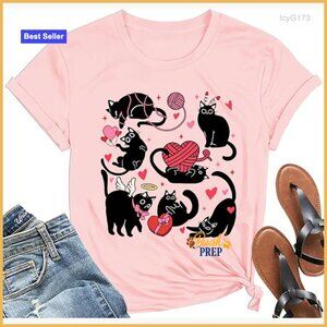 Valentine's Day Cat Heart Print T-Shirt Women's Relaxed Fit Short Sleeve